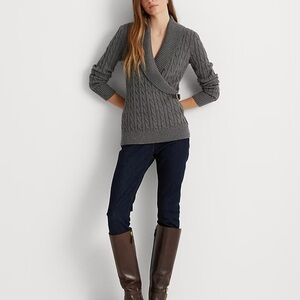 Lauren Ralph Lauren Green Cable Knit Wrap Sweater with leather buckle size Large